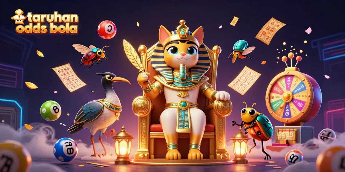 Experience taruhan odds bola through a vibrant 3D illustration of a pharaoh cat surrounded by lottery elements.
