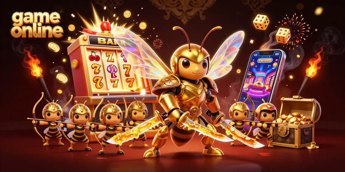 Play the best game online with a golden hornet and lucky symbols in a vibrant casino scene.