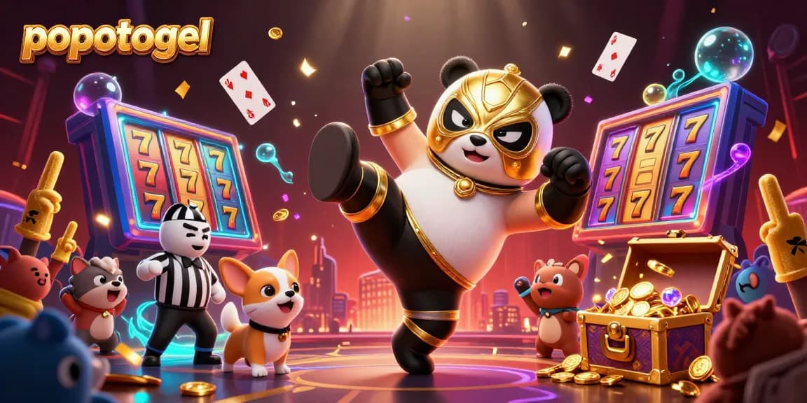 Engage with popotogel's exciting slot games and treasures in this vibrant 3D casino scene.