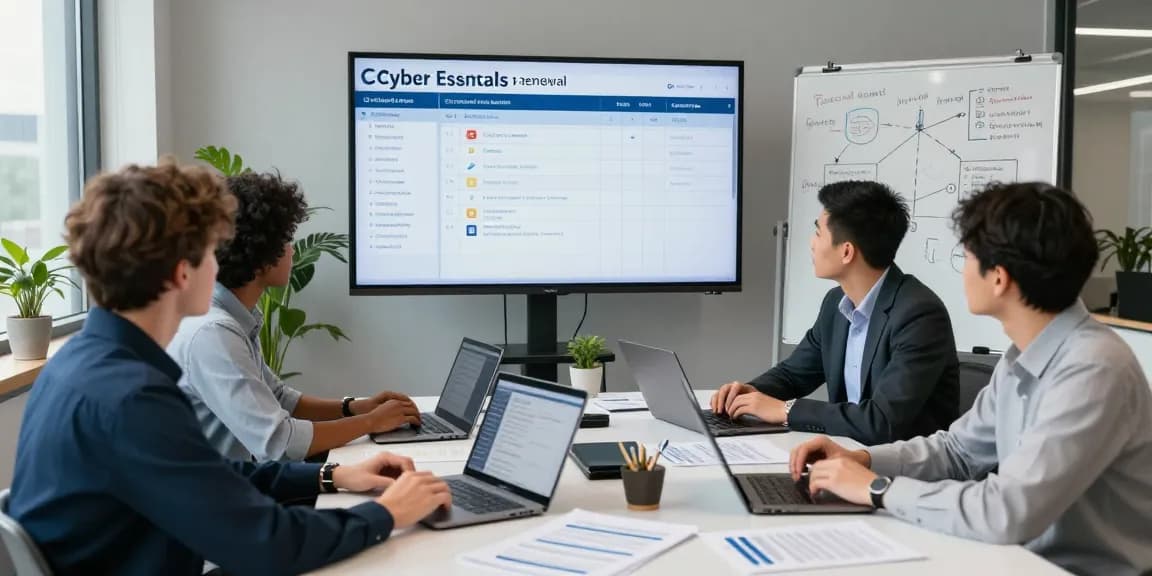 Team collaborating on cyber essentials renewal in a modern office with digital compliance tools.