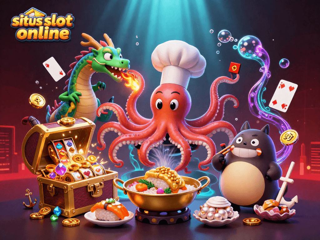 Tampilkan situs slot online dengan karakter kartun yang penuh warna dan elemen kasino menarik.