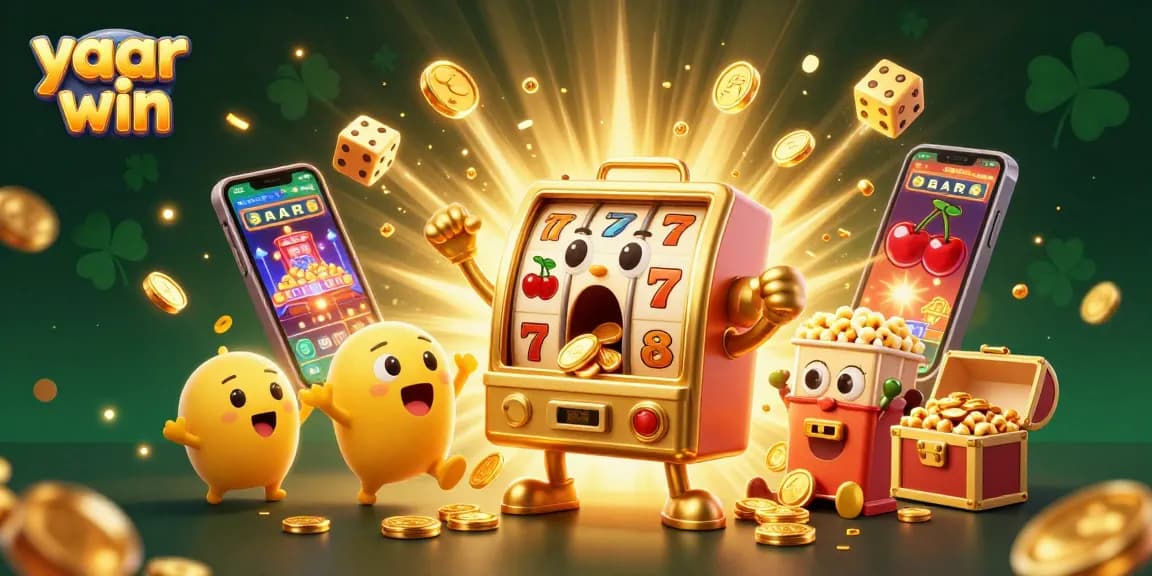 Yaar win moment featuring a joyful golden slot machine celebrating its jackpot amidst flying symbols and dynamic casino elements.