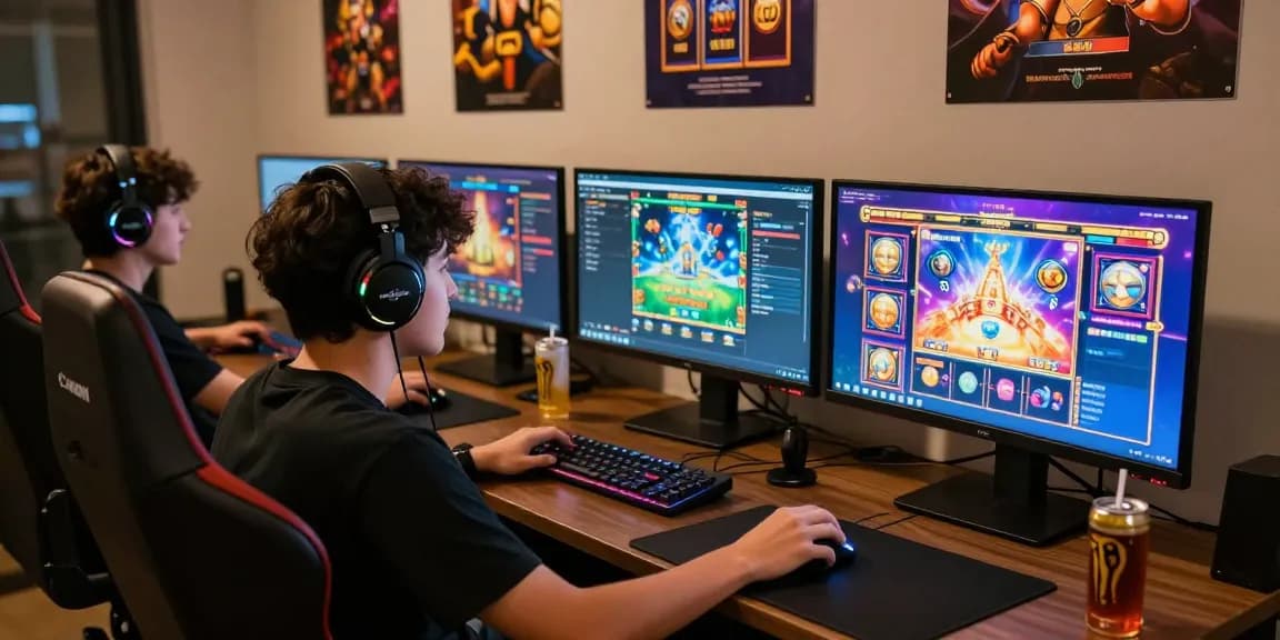 Pengguna SLOT GACOR menikmati pengalaman bermain game slot dengan antusias di depan komputer, dikelilingi aksesori gaming.