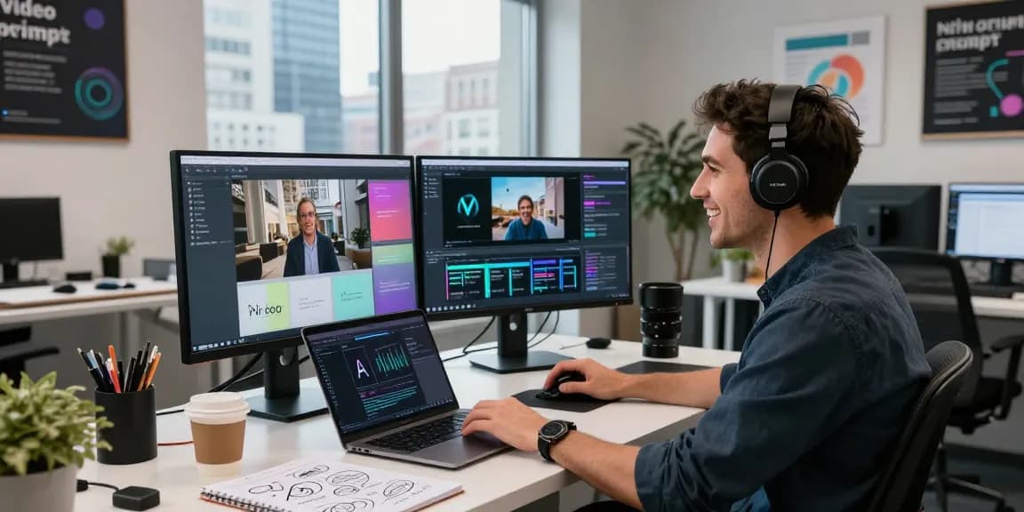 Developer analyzing video content with video prompt AI generator in a modern workspace.