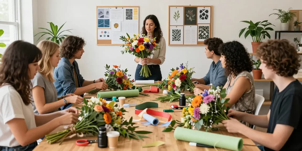 Students learning floral design at MODALWD's workshop, showcasing vibrant flowers and creativity.