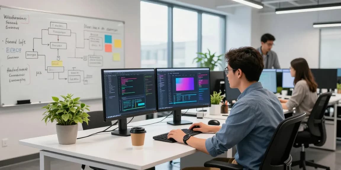 Dynamic tech workspace featuring raja328 developer collaborating, showcasing vibrant code on dual monitors.