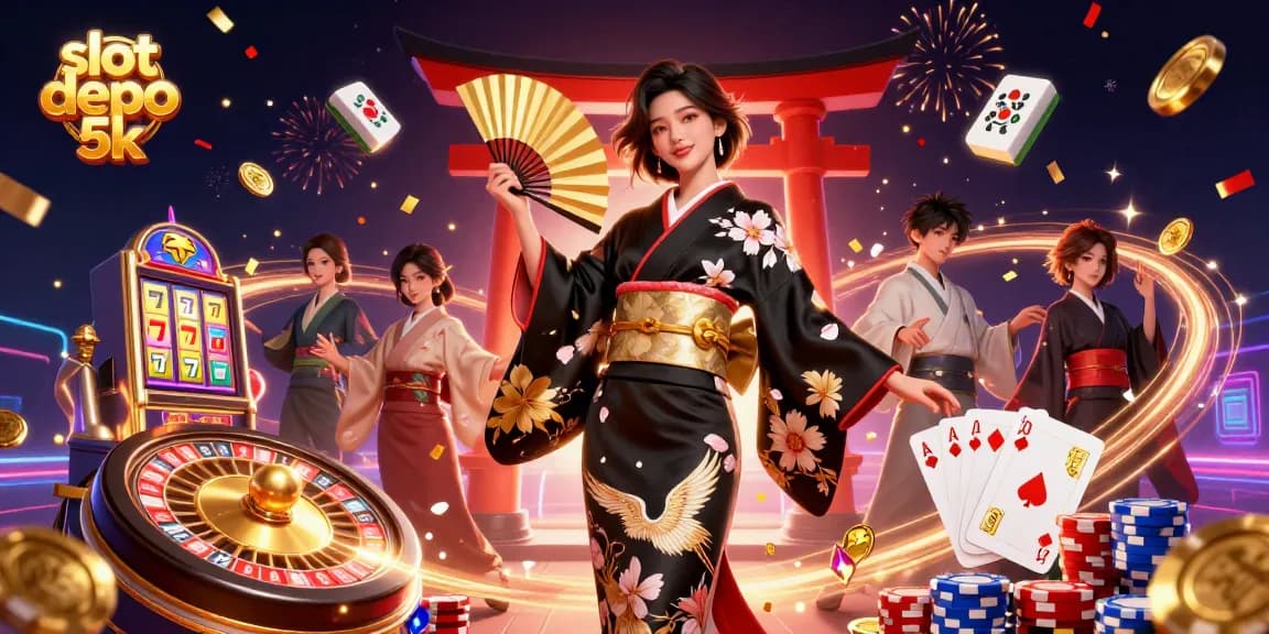 Experience the excitement of slot depo 5k with a captivating Asian-themed casino scene filled with gold coins and luxury.