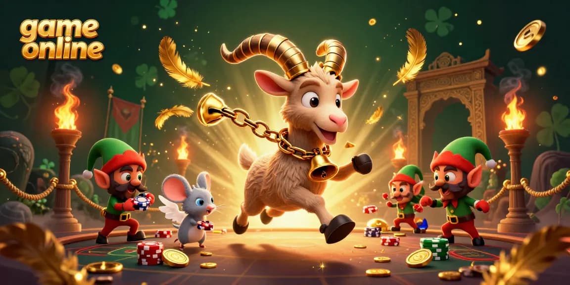 Experience game online with a vibrant casino scene featuring a Krampus goat, angel mouse, and mischievous gremlins.