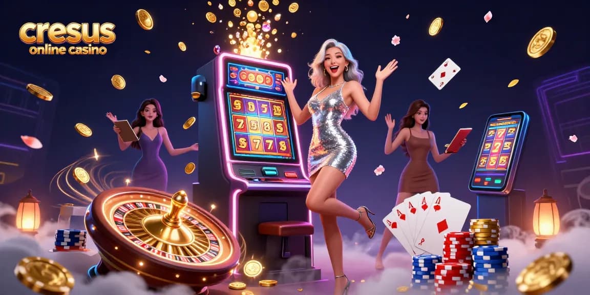 Vivez l'excitation au casino en ligne Cresus avec une magnifique femme célébrant un gain au jackpot au milieu des lumières néon.