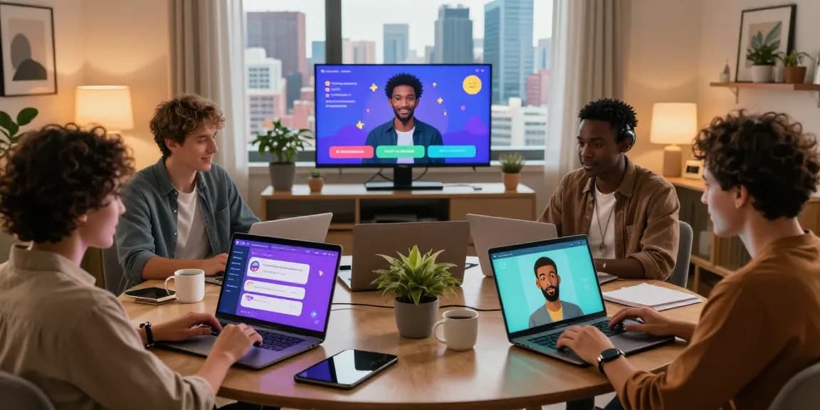 Interactive scene of adults using nsfw ai chat with customized avatars in a modern home office.