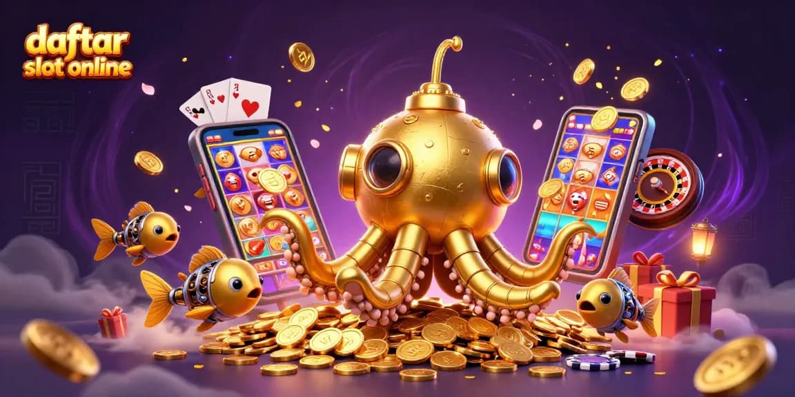Daftar slot online terbaik dengan ponsel 3D yang menunjukkan permainan menggiurkan dan koin emas yang berhamburan.