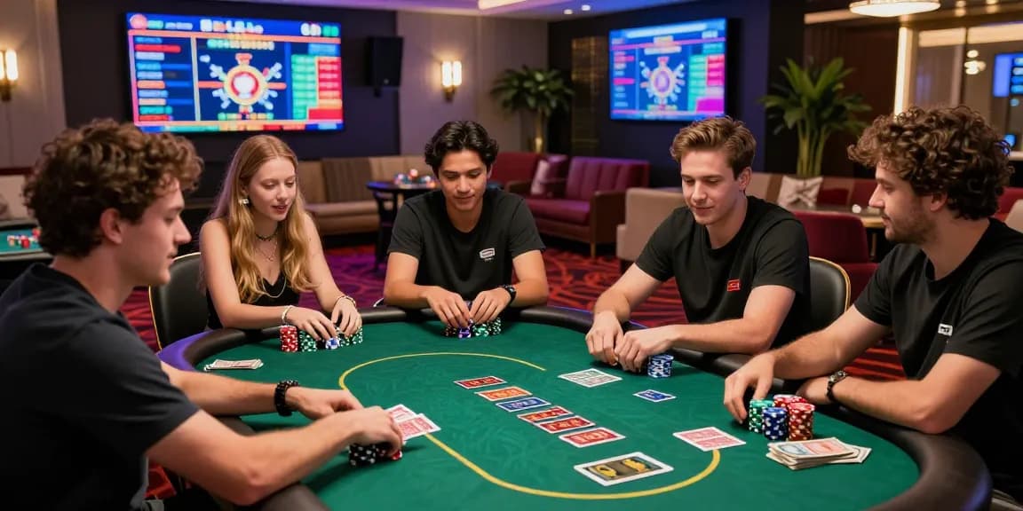 Engaging scene at brcs.co.uk featuring diverse players in a vibrant credit card casino environment, showcasing excitement around a poker table.