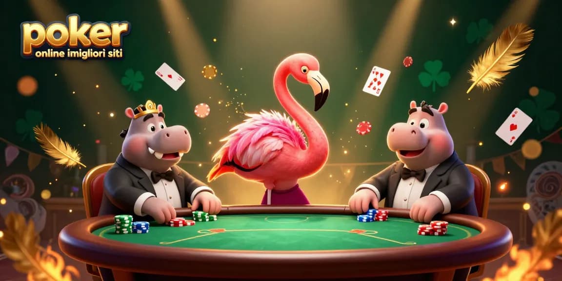 Poker online i migliori siti: Gioca al tavolo con un elegante dealer e un giocatore hippo, circondati da fiches e carte.