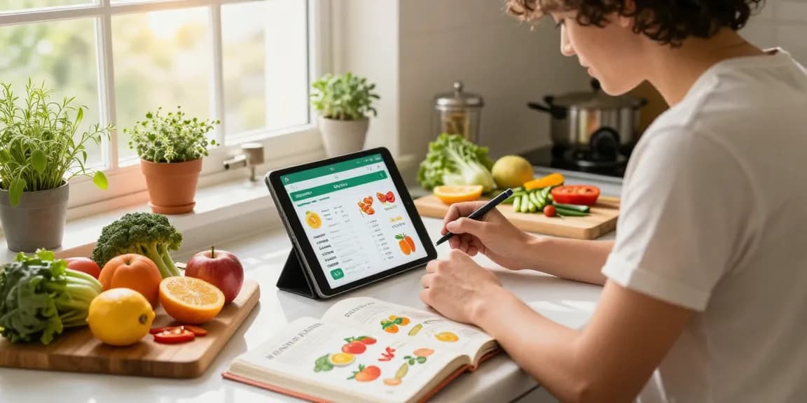 Cooking in a sunny kitchen while using the best food tracking apps to log healthy meals and fresh ingredients.