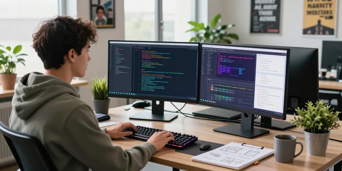 Professional workspace scene showcasing a developer coding with multiple screens on telegramin-cn.com