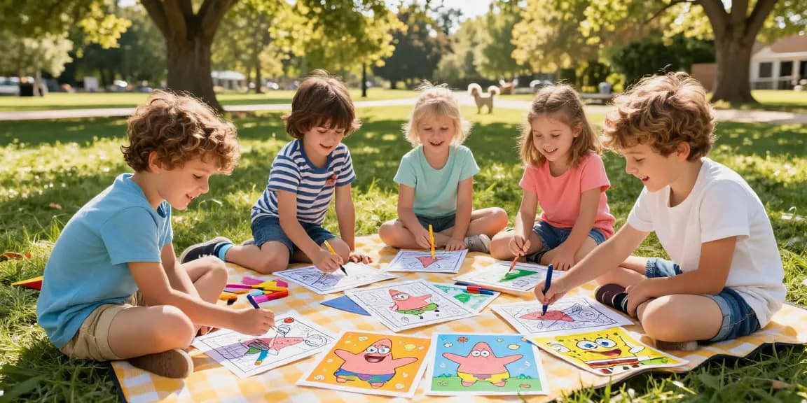 Kids enjoying Seasonal coloring pages featuring Patrick Star in a sunny park.