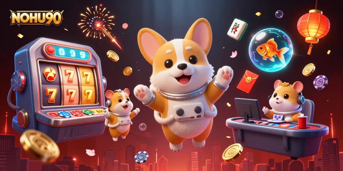 Experience the excitement of NOHU90 with a 3D astronaut corgi in a space casino, surrounded by slots!