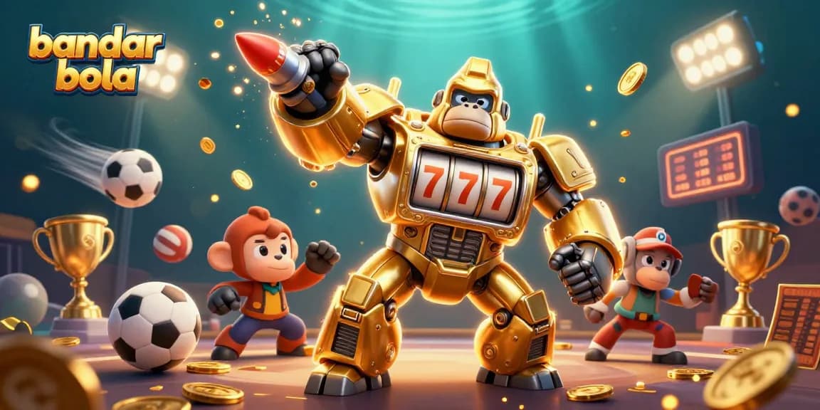 Engaging bandar bola gaming scene featuring a golden gorilla mech, sports balls, and casino elements.