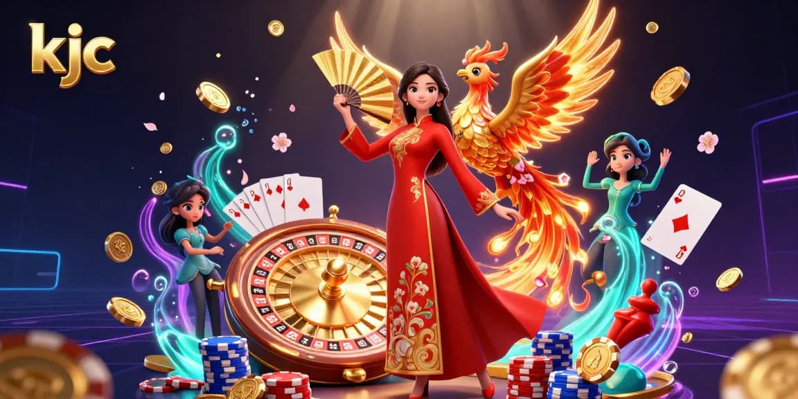 Experience kjc's thrilling online casino gaming with vibrant visuals and dynamic elements in this captivating illustration.
