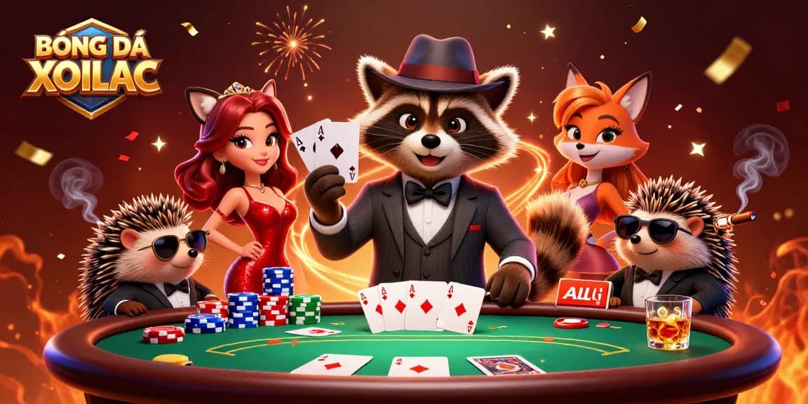 Experience the excitement of BÓNG ĐÁ XOILAC with a raccoon and fox in a dynamic gambling scene.