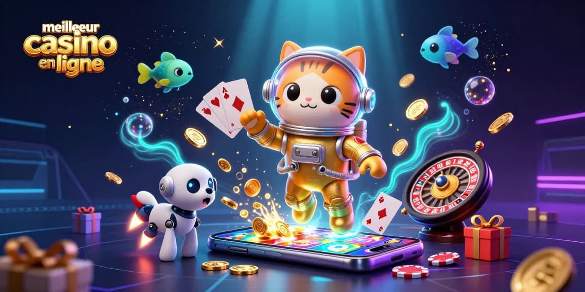 Engagez-vous avec l'univers vibrant du meilleur casino en ligne à travers une illustration 3D captivante remplie de jeux de machines à sous et de personnages dynamiques.