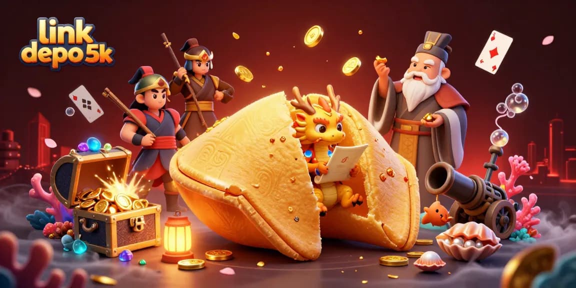 Experience thrilling games at link depo 5k with a vibrant fortune cookie scene surrounded by gold treasures and gaming elements.