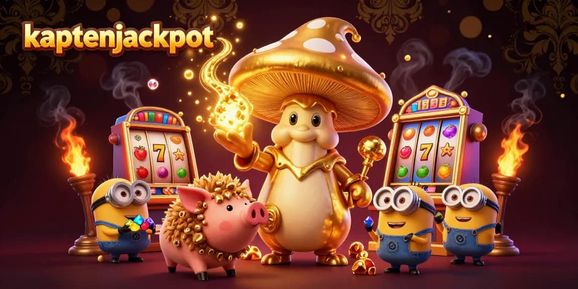 Experience the thrill of kaptenjackpot with vibrant 3D illustrations of a golden wizard and slot machines.