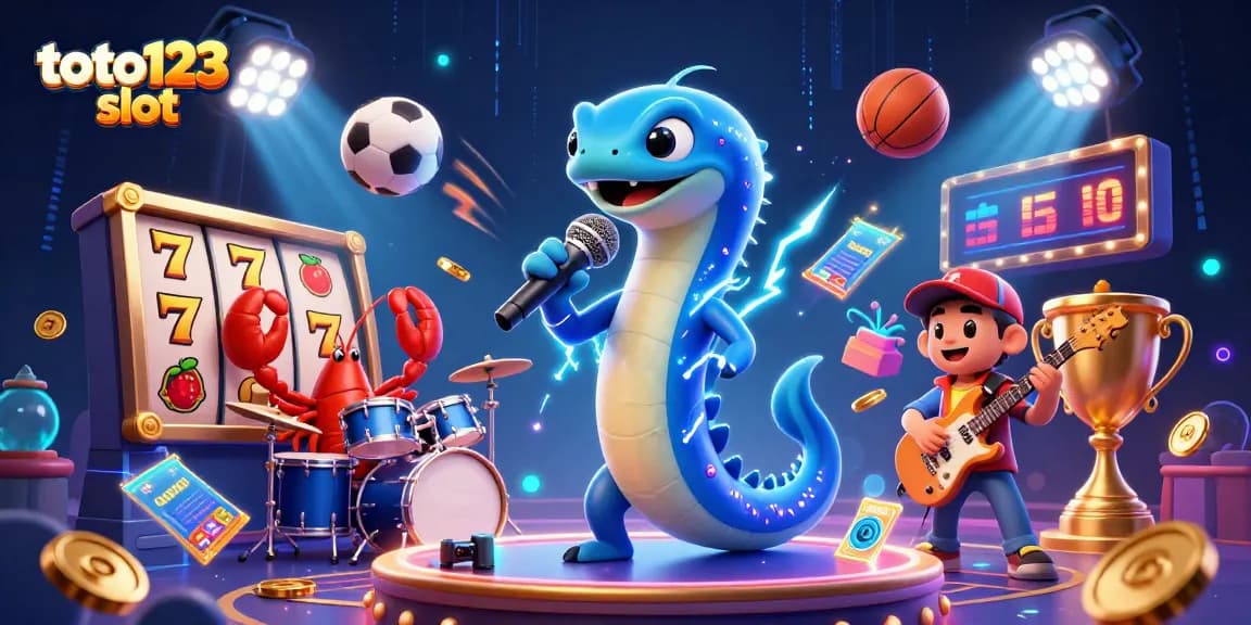 Toto123 slot showcases a vibrant underwater casino scene with an electric eel DJ, highlighting exciting slot symbols and sports elements.