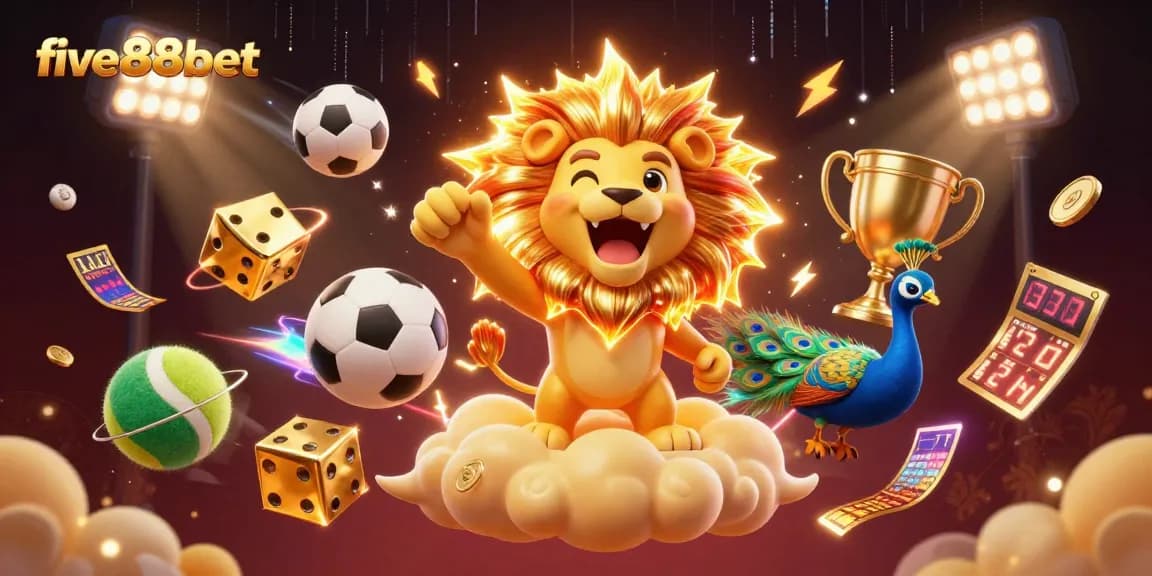 Engage with five88bet’s animated scene featuring a roaring sun lion and golden dice in a vibrant casino atmosphere.