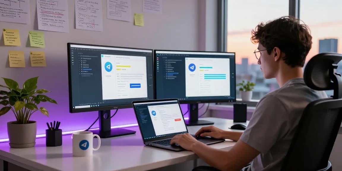 Developer working on a telegram chinese alternative app at a modern office desk with dual monitors and cityscape view.