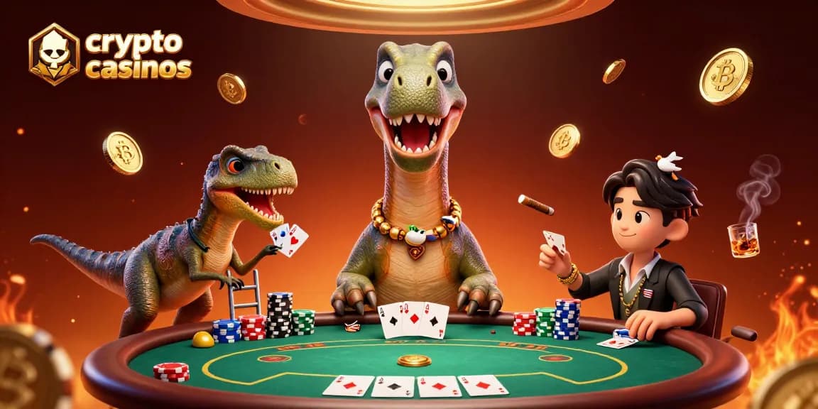 Jouer dans les meilleurs crypto casinos, illustré par un brontosaurus et un raptor au poker.