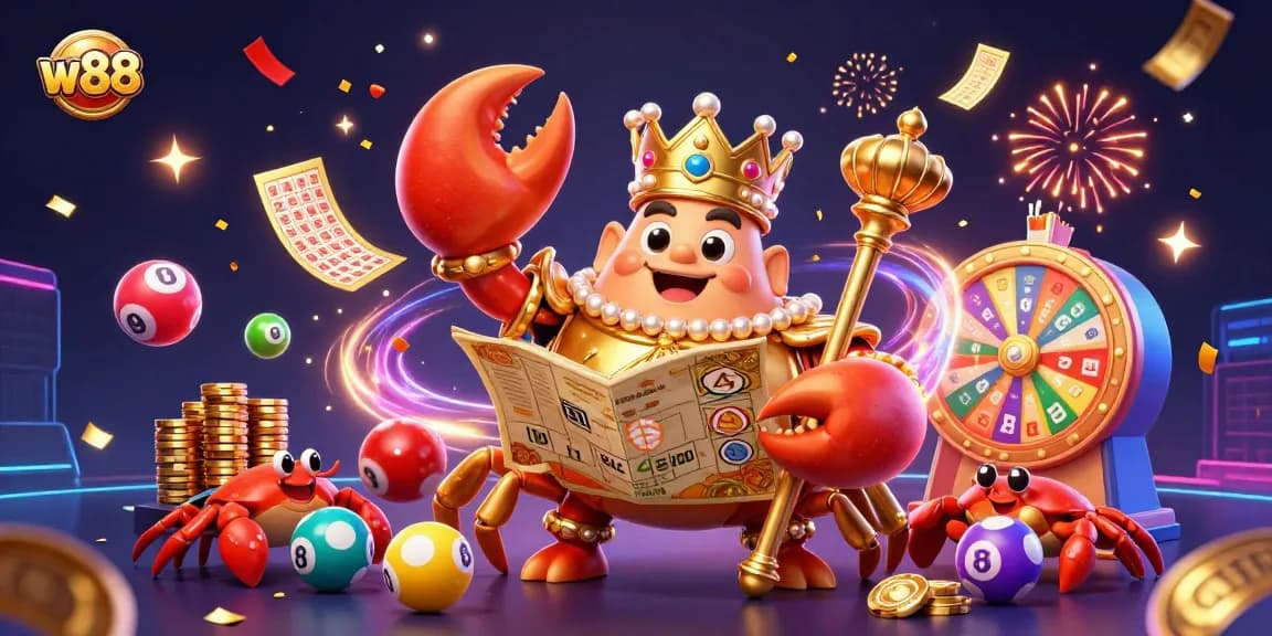 Chơi các trò thử vận may tại w88 với các quả bóng xổ số đầy màu sắc và người đại diện hoàng gia.