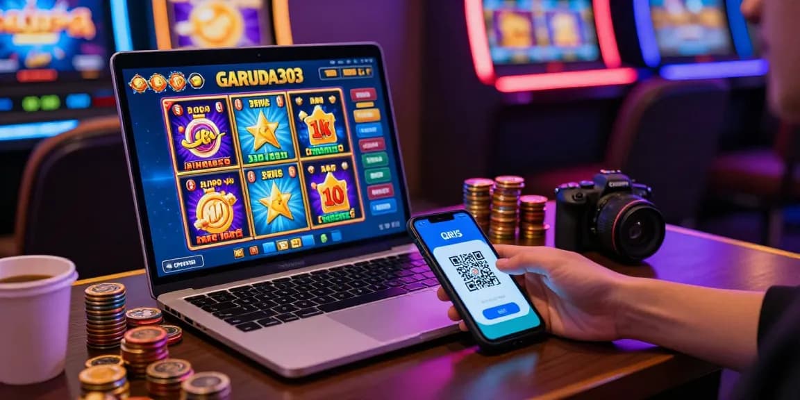 Online gaming setup for slot depo 1k with vibrant visuals, stacks of coins, and smartphone payment.