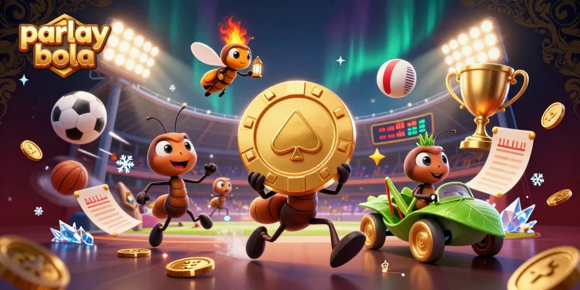 Engaging parlay bola scene with animated ants carrying a giant poker chip amidst sports elements