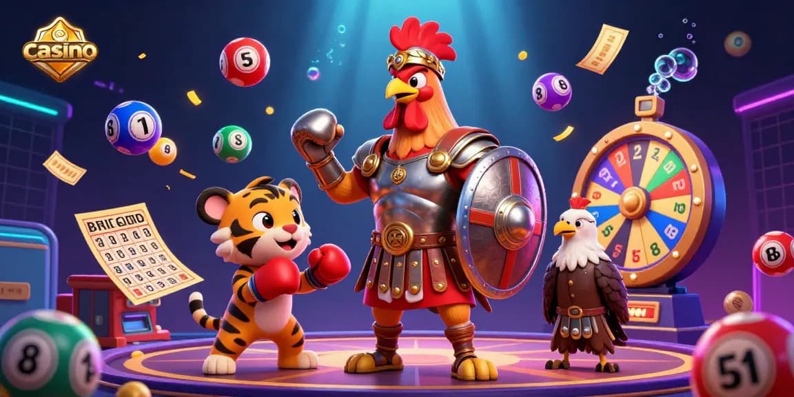 Engaging casino scene with a gladiator rooster and tiger cub, featuring dynamic lottery elements.