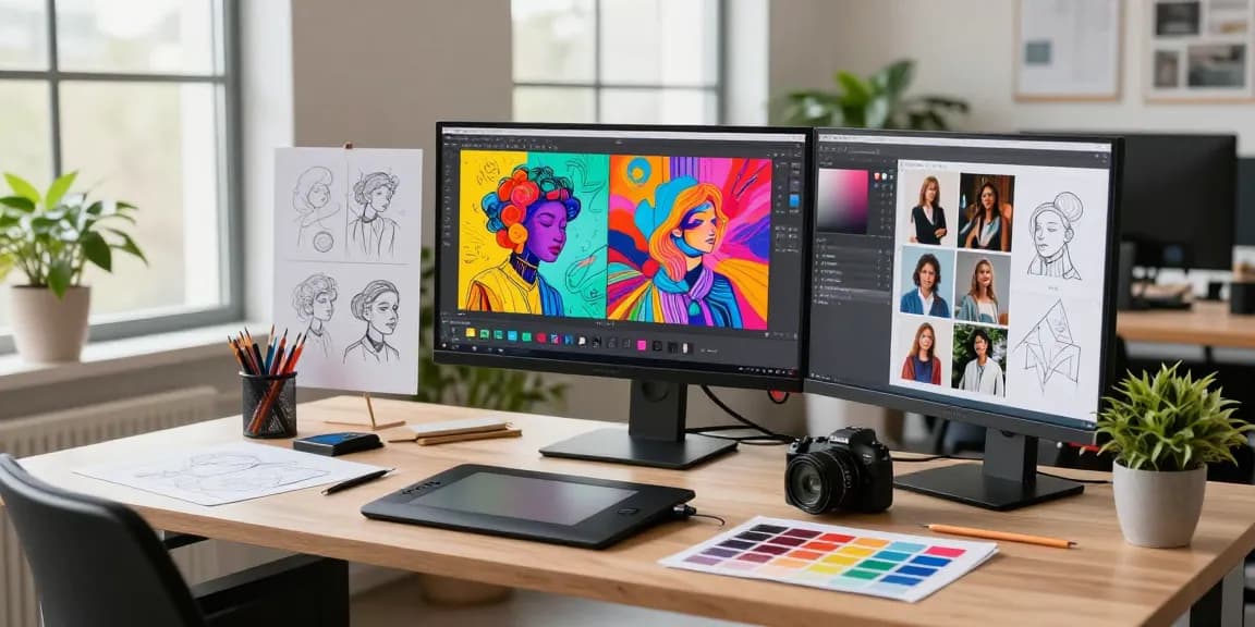 A graphic designer using Nano Banana 2 in a vibrant creative workspace filled with design tools and natural light.