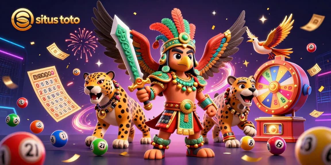 Experience situs toto excitement with dynamic lottery elements and Aztec-themed warriors in an engaging casino scene.