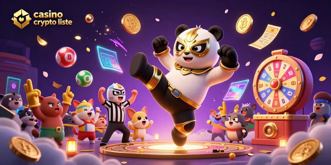 Illustration dynamique représentant une liste de casinos crypto, avec un panda professionnel et des éléments de jeu virtuel.