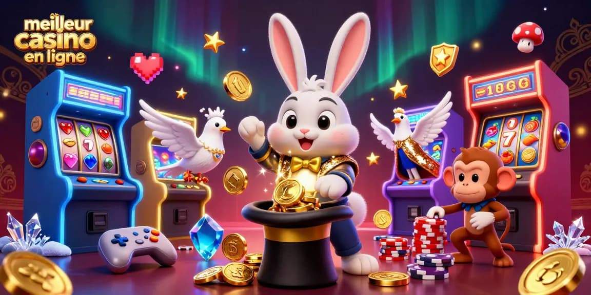 Visuel captivant du meilleur casino en ligne illustrant un magicien et des pièces d'or, entouré de machines de jeu dynamiques.