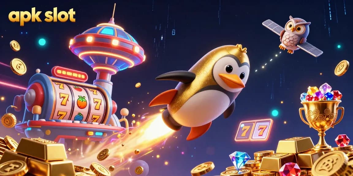 Spin and win with the apk slot as a golden penguin soars towards a vibrant casino space station.