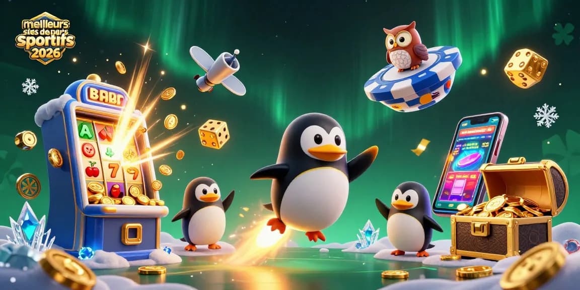Miser sur les meilleurs sites de paris sportifs 2026 avec un pingouin doré et des jackpots scintillants