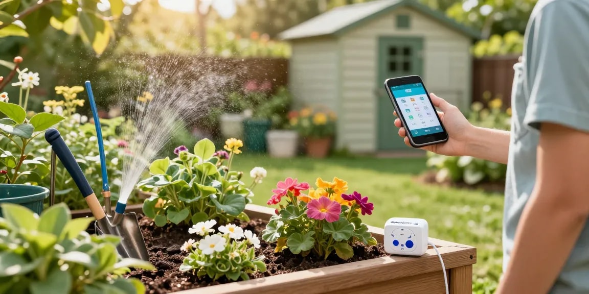 Using the RainPoint WiFi water timer in a vibrant garden to automate watering for healthier plants.