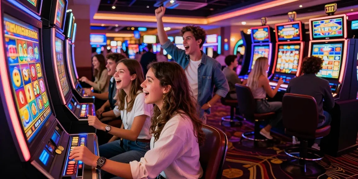 Geng teman bersenang-senang di mesin slot, menunjukkan kegembiraan saat fitur jackpot muncul di layar.