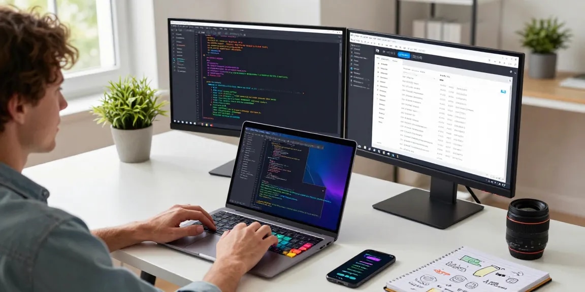 Developer coding with 纸飞机中文版 on dual monitors in modern workspace