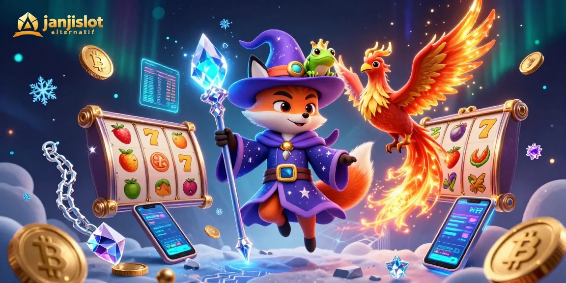 Engage with janjislot alternatif through a vibrant scene with slot elements and crypto coins.