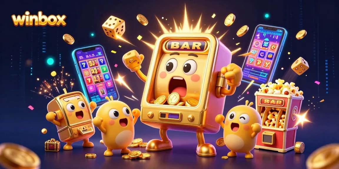 Winbox casino experience with a golden slot machine jackpot celebration, coins, and cheering baby slots