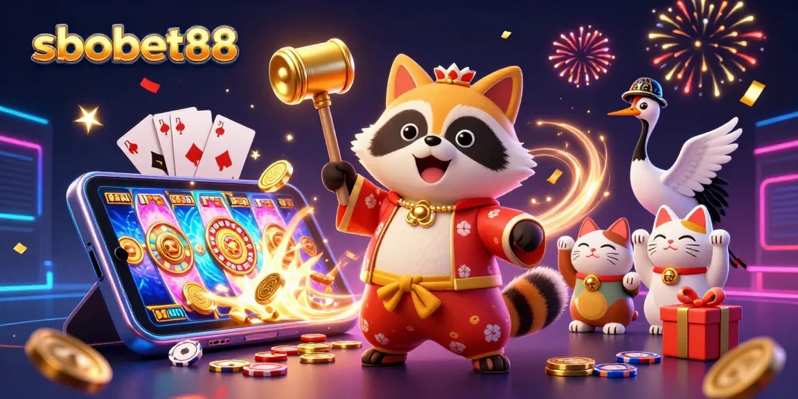 Experience sbobet88 with vibrant 3D characters celebrating casino fun amidst slot games and lucky symbols.