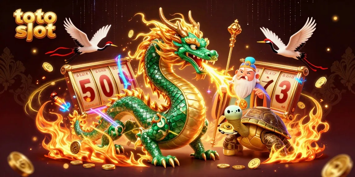 Experience thrilling gameplay in toto slot with an emerald jade dragon, wise turtle sage, and lucky cranes amidst vibrant casino elements.