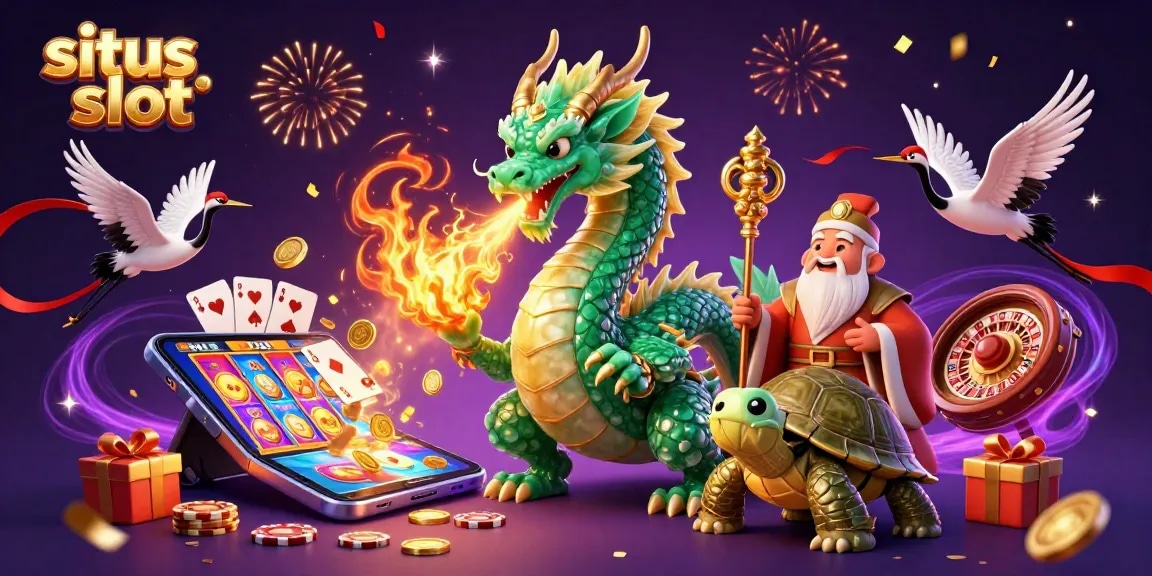 Slot gacor situs slot menarik dengan naga, kura-kura, dan bangau beruntung.
