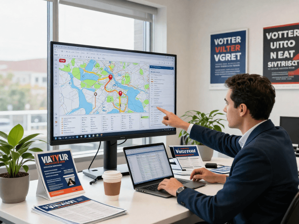 Strategy session on voter file targeting CTV, showing campaign data analysis and planning in a modern office setting.
